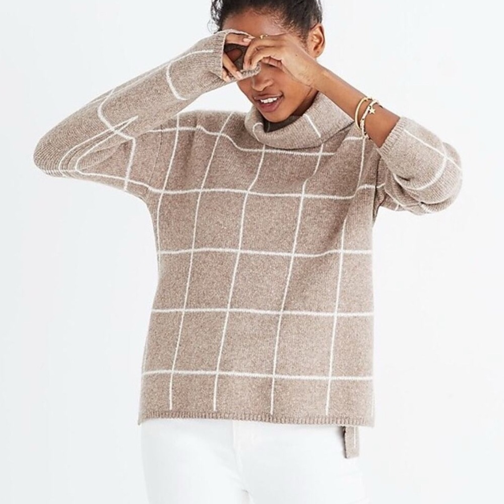Madewell Brown and White Grid Turtleneck Sweater